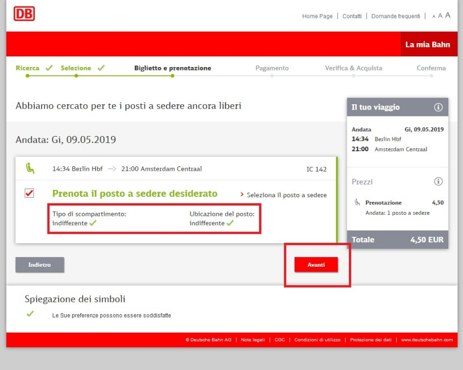 schermata di conferma di prenotazione del posto a sedere sul sito DB Bahn