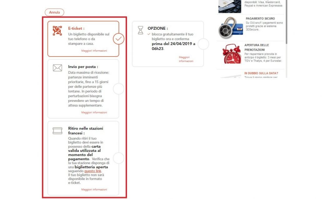 schermata dove vengono mostrate le varie opzioni per il ritiro della prenotazione dei treni in Francia