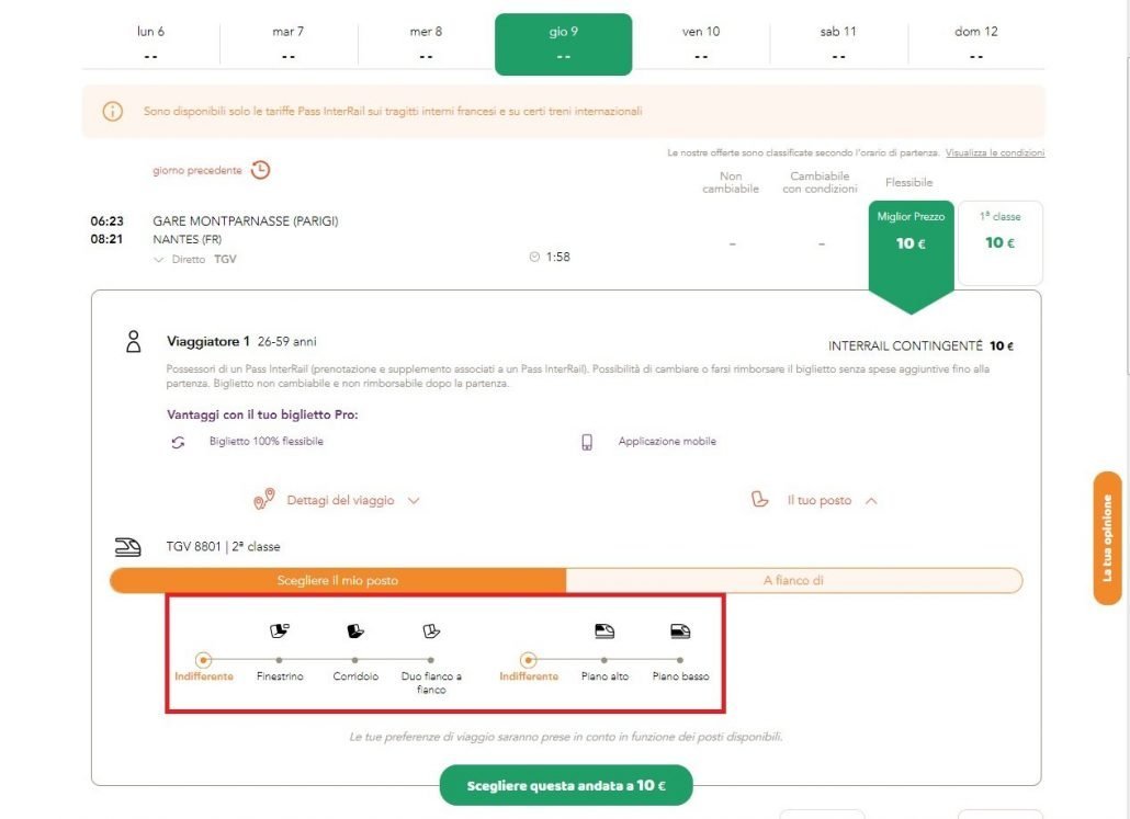 schermata per scegliere il posto preferito a bordo dei treni francesi