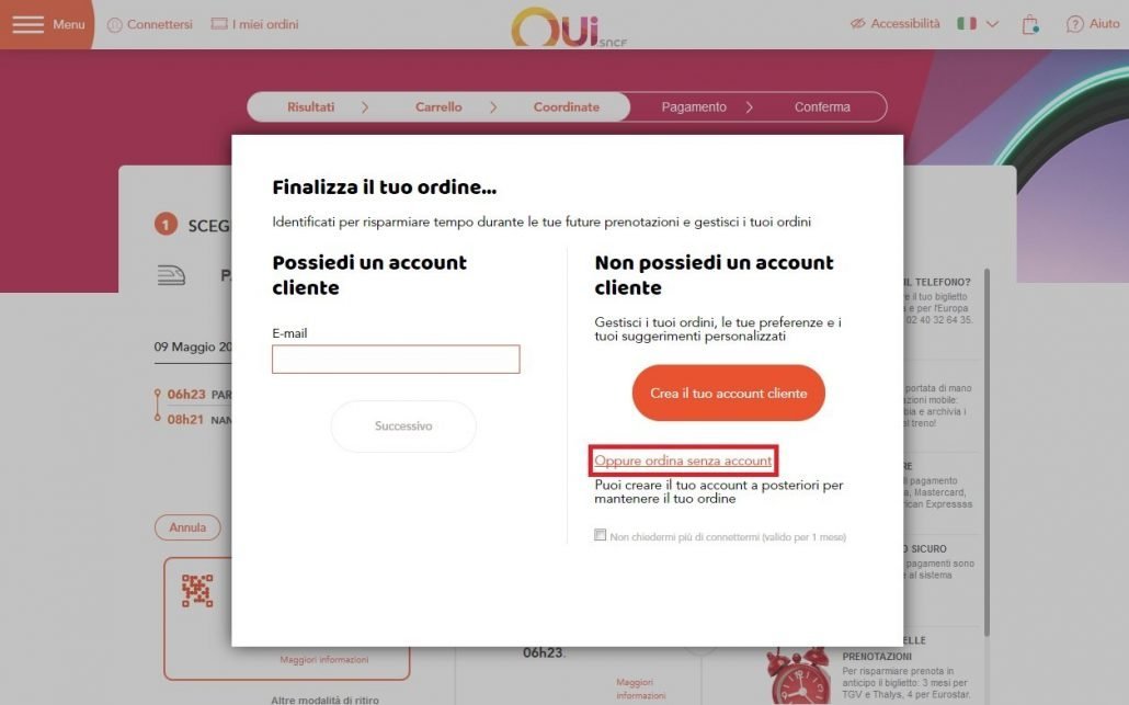 schermata per entrare o registrarsi sul sito Oui.