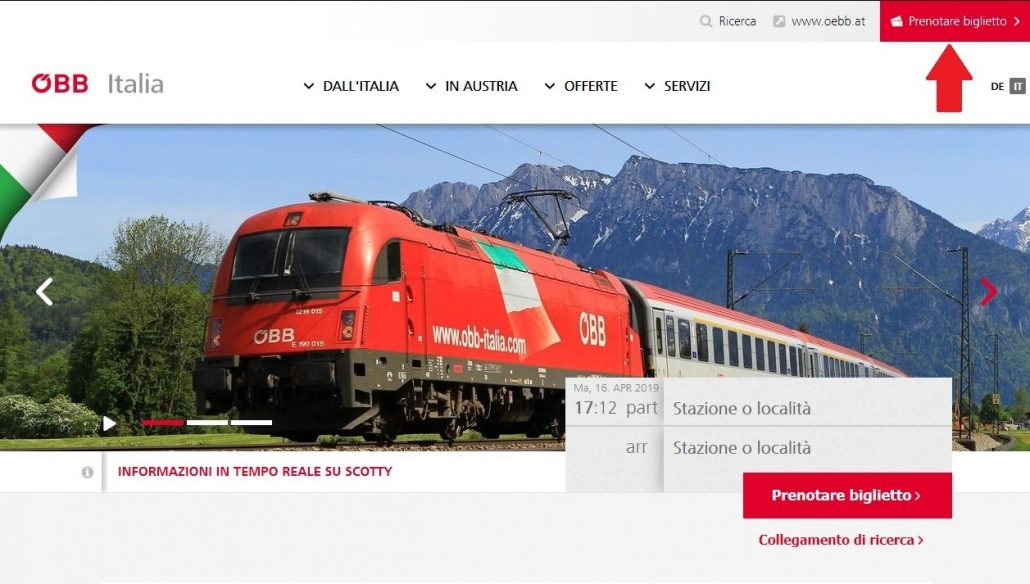 schermata principale del sito ÖBB, da cui inizia il procedimento per fare una prenotazione del posto a sedere