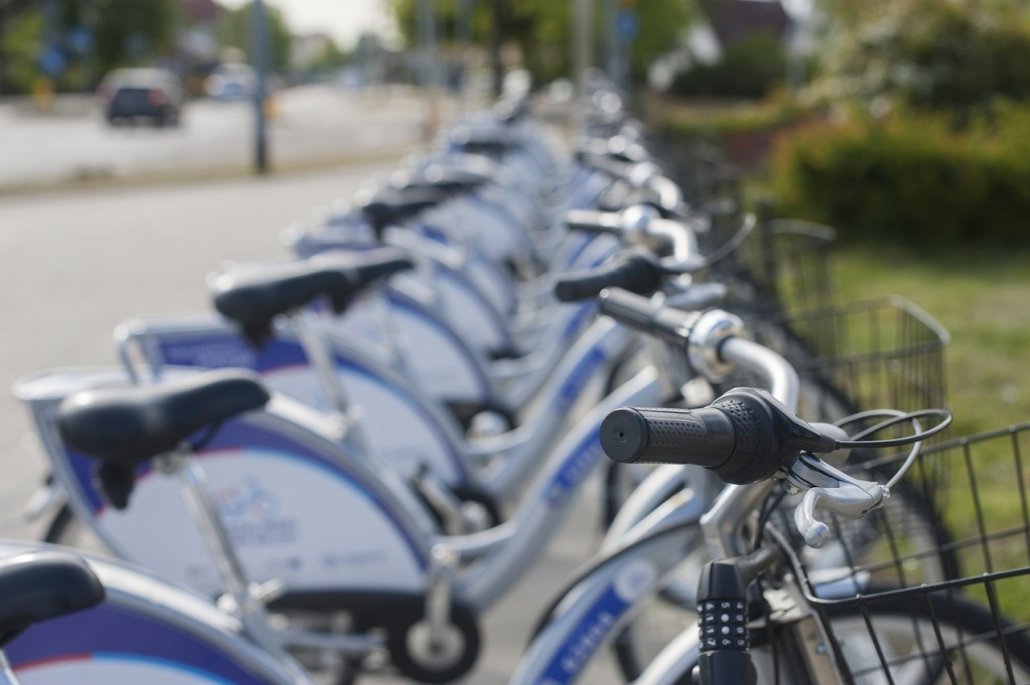 fila di biciclette bianche e blu parcheggiate lungo un viale 